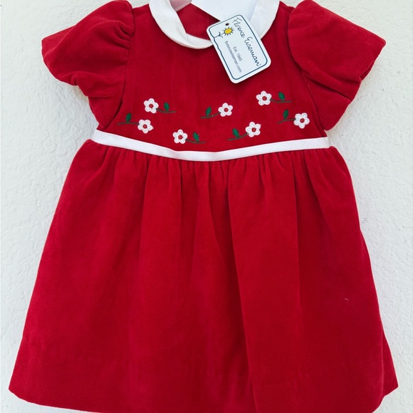 Florence Eiseman Girl’s Vevlet Waist Red Dress with White Flower Accents Puff Sl